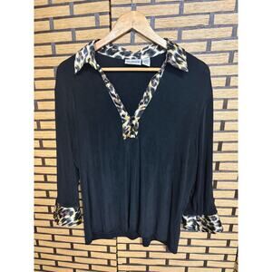 Chico’s Traveler Black Leopard Trim Top Size 3 (XL)